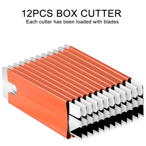 12 Pack Retractable Box Cutter Set with sharpened antirust carbon steel blades, orange utility knives stacked together