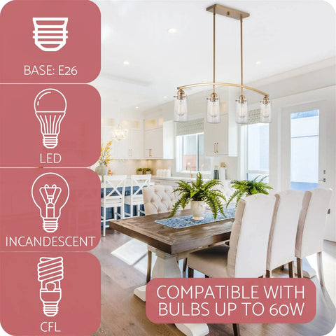 Arched 4 Light Kitchen Island Pendant With Seeded Glass Shades In Cool Brass Finish for modern farmhouse kitchens, dining area view