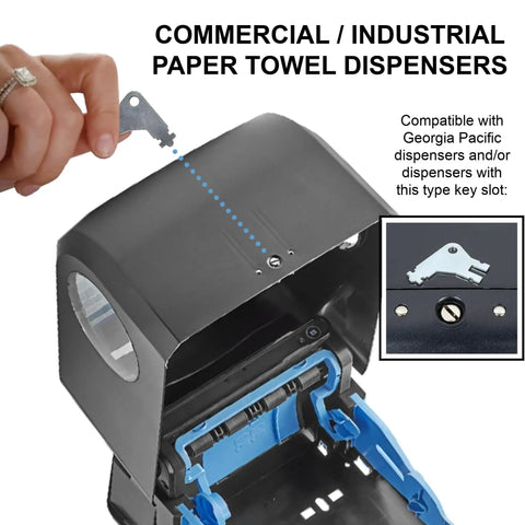 Three Pack GP Compatible Dispenser Keys for Commercial Paper Towel, Toilet Paper, and Soap Dispensers, shown with a towel dispenser