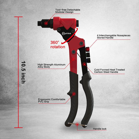 All In One Workhorse Rivet Nut Tool And Rivet Gun With 360 Degree Swivel Head, ergonomic 10.5-inch and labeled features