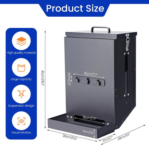 Real Deal Automatic Dog Feeder Hanging Pet Cage Food Dispenser Holds 17 Pounds For Big Packs And Multi Pet Homes Quick Setup Gravity Bowls For Easy Daily Grind with dimensions and design features.