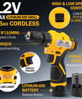 All In One 223 Piece Power Drill Tool Set With 12V Cordless Drill Driver Kit featuring lithium-ion battery and speed control settings