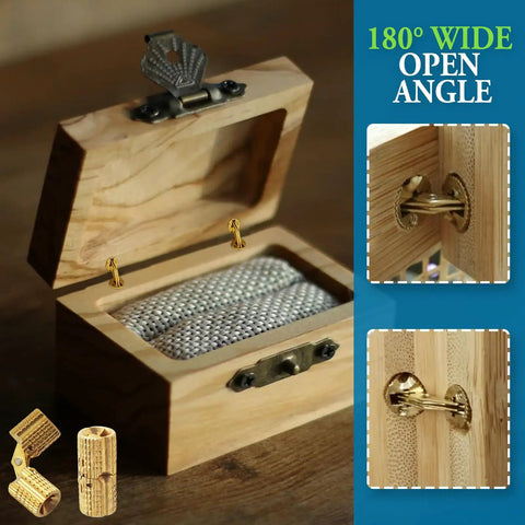 Badass Slick Brass Barrel Hinges 12 Pack 8mm Concealed 180 Degree Cabinet Hinges For Jewelry Boxes Woodworking DIY Crafts displayed on a wooden box.