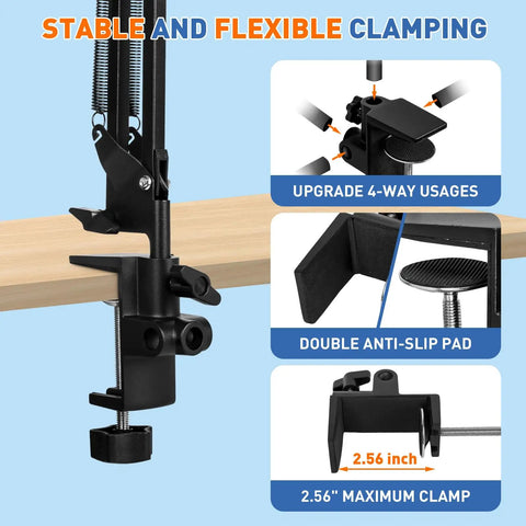 Close-up of the clamp mechanism for 12X Square Magnifying Glass With Light And Clamp Handy Hands Free Stand on desk edge with 2.56 inch capacity.