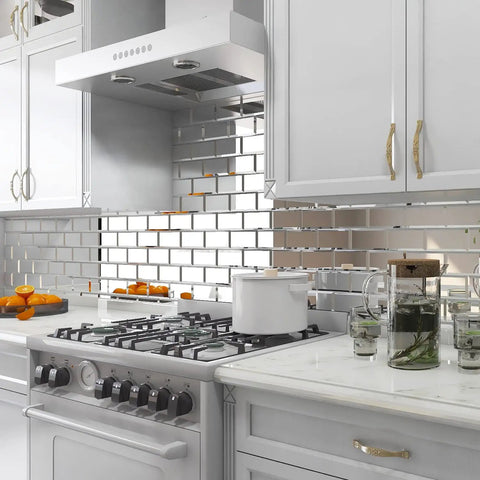 Mirror Peel And Stick Subway Tile Beveled Glass Backsplash For Kitchen And Bathroom Wall 3x6 Inch Self Adhesive installed in white kitchen