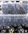 Front view of black phenolic ABS ball knobs with brass inserts, 3/8-16 thread, in a clear storage bin (SB Distribution)