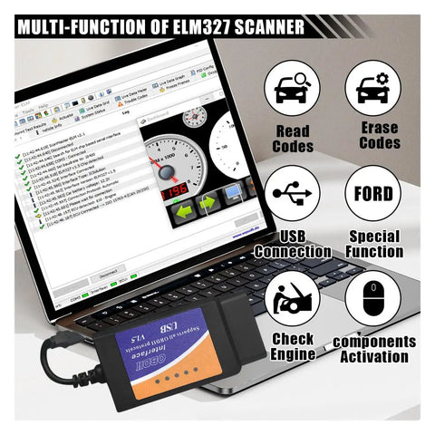 Laptop showing OBD2 USB Diagnostic Adapter and Coding Tool with MSCAN HSCAN Switch for Windows OBDII Scanner interface.