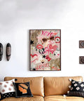 5D Diamond Art Kit For Adults Newbies With Tools Diamond Painting Set Girly Pink Bow And Cheetah Pattern Full Round Drill DIY Wall Decor Gift 12 By 16 Inch displayed above a sofa