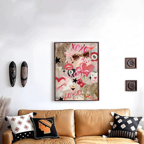 5D Diamond Art Kit For Adults Newbies With Tools Diamond Painting Set Girly Pink Bow And Cheetah Pattern Full Round Drill DIY Wall Decor Gift 12 By 16 Inch displayed above a sofa