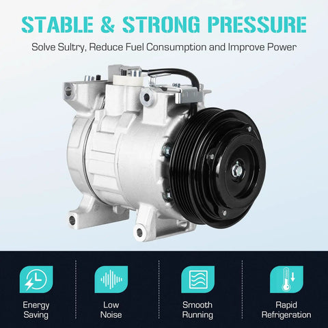 No Sweat AC Compressor With Clutch Dude Approved Ride Refresh for Chrysler 300 and Dodge Charger 3.6L V6 engine shown from the side.