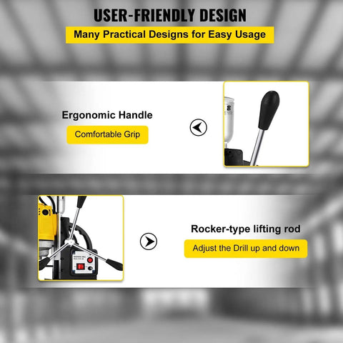 Heavy Duty 1100W Magnetic Drill Press With Six Piece Bit Set For Steel Structure Engineering Portable Electric Tapping Machine 550Rpm Max 40Mm Core Drilling Rig Bench Top Power Tool ergonomic handle and rocker-type lifting rod for easy usage.