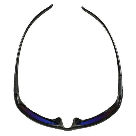 Top view of Hellraiser Safety Glasses With Blue Mirror Lenses And Black Frame For Outdoor Work, showing lightweight black frame design.