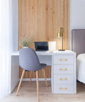 White desk with drawers featuring 2 Pack 5 Inch Self Stick Cabinet Handles With Adhesive Gold Metal Drawer Pulls, modern room decor