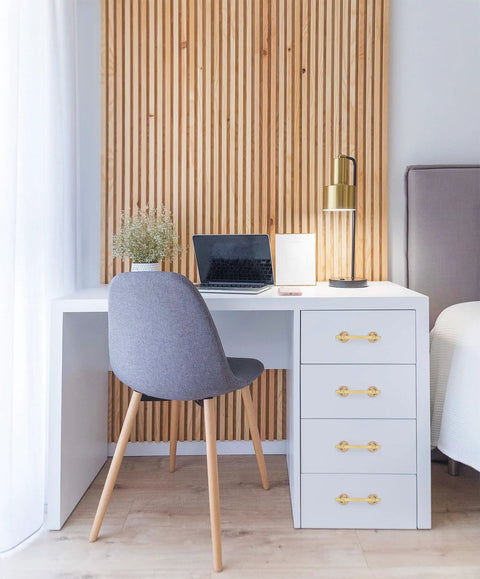 White desk with drawers featuring 2 Pack 5 Inch Self Stick Cabinet Handles With Adhesive Gold Metal Drawer Pulls, modern room decor