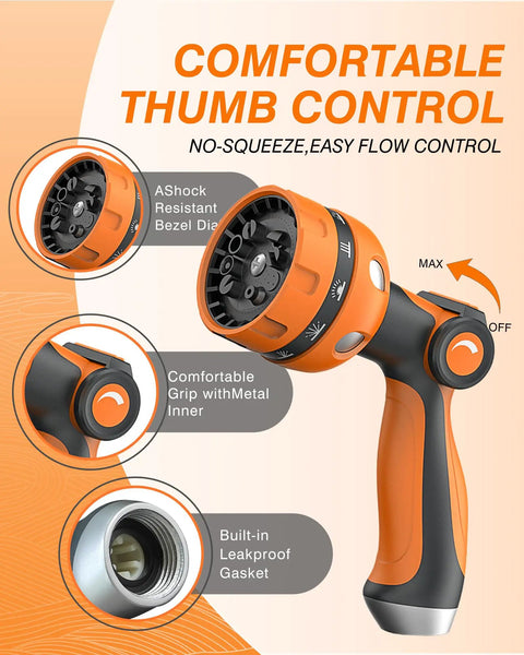 Heavy Duty Garden Hose Nozzle With 10 Pattern Watering Sprays, Thumb Control On Off Valve, Metal Inlet ABS TPR Orange