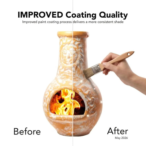 Medium Outdoor Chiminea Fireplace For Patio showing improved coating quality on yellow terracotta surface with clay design.