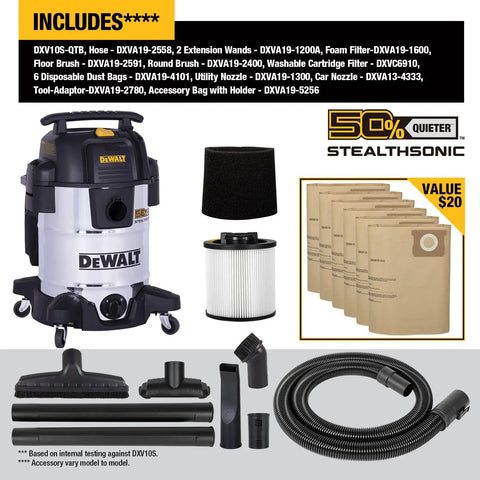 Stealthsonic 10 Gallon Wet And Dry Shop Vacuum With 5 HP Heavy Duty Stainless Steel Pro Grade Build Ultra Quiet Motor Complete Accessory Kit And Six Bonus Dust Bags