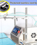 Ready To Roll Double Head Liquid Filler Machine Featuring Zero Drip Precision Valves And Hassle Free Height Adjustments For Smooth Beverage And Cooking Oil Bottling At 35 Liters Per Minute, showcasing a stainless steel body and touch panel.
