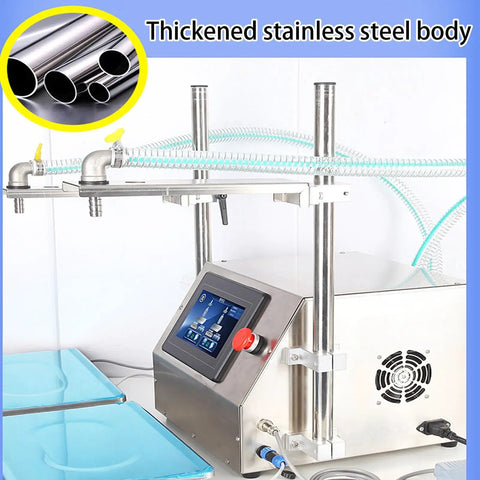 Ready To Roll Double Head Liquid Filler Machine Featuring Zero Drip Precision Valves And Hassle Free Height Adjustments For Smooth Beverage And Cooking Oil Bottling At 35 Liters Per Minute, showcasing a stainless steel body and touch panel.