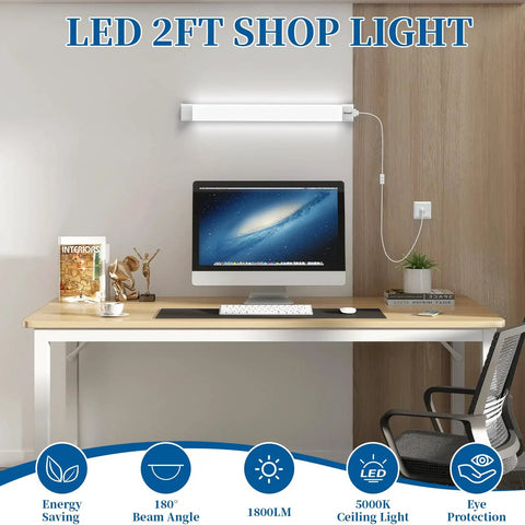 2Ft LED Shop Light With Plug, Linkable 5000K Tube Light For A Bright No Fuss Setup, 1800 Lumens From Just 18W above desk