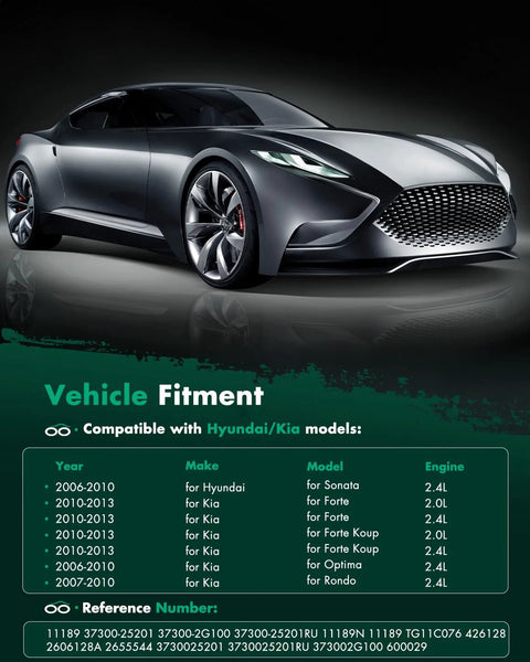 Image showing vehicle fitment chart for Alternator Replacement For Hyundai Sonata 2006 2010 And Kia Forte 2010 2013 Forte Koup Forte5 Magentis Rondo 12V 110Amp CW Pulley OE 11189 Fits 2.0L And 2.4L Engines Easy Install High Output Charging with a sleek gray car.