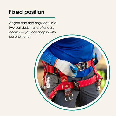 Worker wearing Two Floating Dees With Padded Nylon Leg Straps For Quick Access And Secure Fit, angled side dees with two bar design.