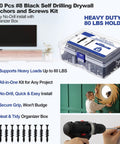 All In One Self Drilling Drywall Anchors And Screws Kit, 200 Pieces With Organizer Box, showing installation and load capacity.