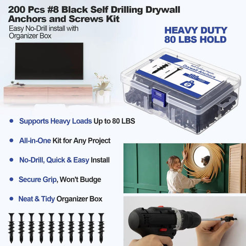 All In One Self Drilling Drywall Anchors And Screws Kit, 200 Pieces With Organizer Box, showing installation and load capacity.