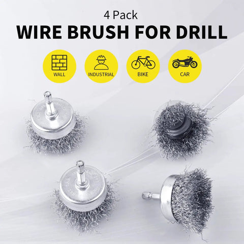 Four Pack Drill Wire Cup Brushes With 1/4 Inch Hex Shank 0.010 Inch Carbon Steel Coarse Attachments For Rust Removal Upgraded To 72A Steel For Tougher Jobs Heavy Duty Cup Holder Design Fast Rust Busting And Metal Prep