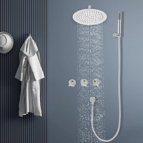 Shower System Wall Mounted 10 Inch Rainfall with Handheld Spray Combo featuring waterfall flow from a round showerhead.