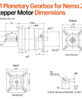 Diagram of Ratio 5:1 Planetary Gearbox for NEMA 23 Stepper Motors, showing input/output shaft dimensions and specifications.