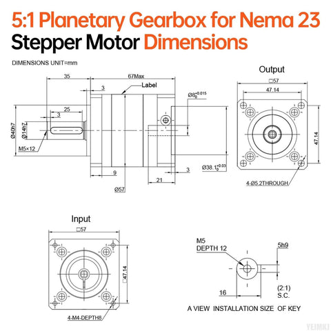 Diagram of Ratio 5:1 Planetary Gearbox for NEMA 23 Stepper Motors, showing input/output shaft dimensions and specifications.