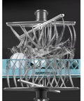 Water jets spraying onto dishes in a commercial fully automatic floor standing dishwasher heavy duty kitchen rig featuring triple dirt blast filters and no sweat sanitizing cycle for restaurants and food service operations.