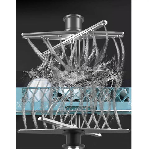 Water jets spraying onto dishes in a commercial fully automatic floor standing dishwasher heavy duty kitchen rig featuring triple dirt blast filters and no sweat sanitizing cycle for restaurants and food service operations.