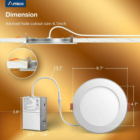 6 Pack 6 Inch LED Recessed Ceiling Light With Night Light 5CCT Dimmable Ultra Thin Canless Wafer Downlight dimensions
