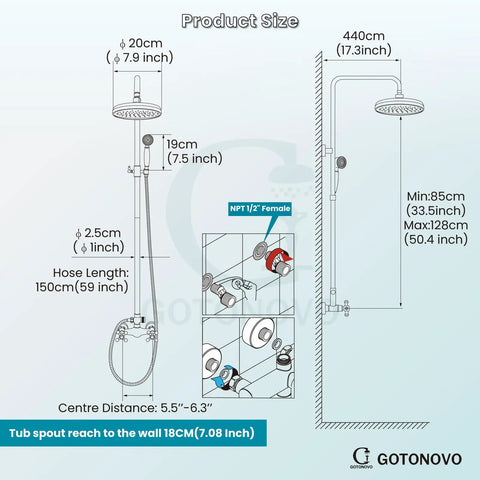 Diagram of Brass Wall Mount Shower Faucet Set with 8 Inch Rain Shower Head, dimensions and installation details shown.