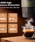 3 In 1 Portable Espresso Maker With Carrying Bag And Stand, brewing espresso shot into glass cup, steam visible