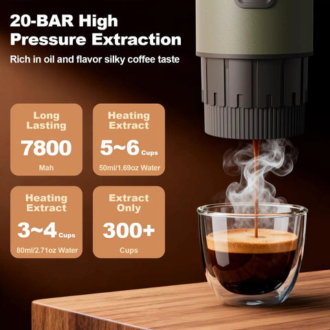 3 In 1 Portable Espresso Maker With Carrying Bag And Stand, brewing espresso shot into glass cup, steam visible