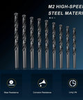 9 Pack High Speed Steel Drill Bit Set M2 With Straight Shank For Metal Wood And Plastic 1.75mm To 10.5mm Sizes Featuring Split Point Design And Durable Black Oxide Coating For Heavy Duty Drilling Jobs, M2 steel drill bits