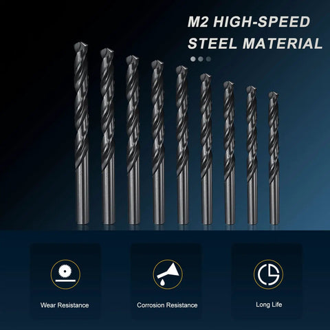 9 Pack High Speed Steel Drill Bit Set M2 With Straight Shank For Metal Wood And Plastic 1.75mm To 10.5mm Sizes Featuring Split Point Design And Durable Black Oxide Coating For Heavy Duty Drilling Jobs, M2 steel drill bits