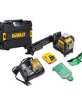 12V Max Cordless 3X360 Green Beam Line Laser With Bluetooth And Built-In Distance Meter Tool Auto-Leveling Accuracy And Magnetic Bracket in black DEWALT case.