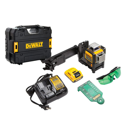 12V Max Cordless 3X360 Green Beam Line Laser With Bluetooth And Built-In Distance Meter Tool Auto-Leveling Accuracy And Magnetic Bracket in black DEWALT case.