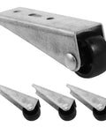 Heavy Duty Sliding Door Track Rollers With Long Stem Brackets Bombproof Reinforced Steel And Nylon Build No Sweat DIY Closet Hardware Replacement Black close-up view of steel and nylon rollers.