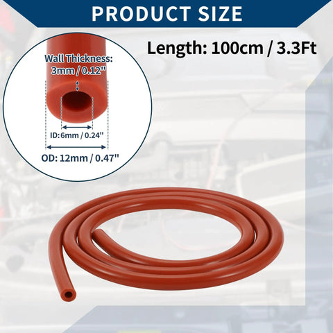 Red Silicone Vacuum Hose For Automotive High Temperature Vacuum Line 3.3 Ft Long 6mm ID 3mm Wall Thickness Heavy Duty Tubing