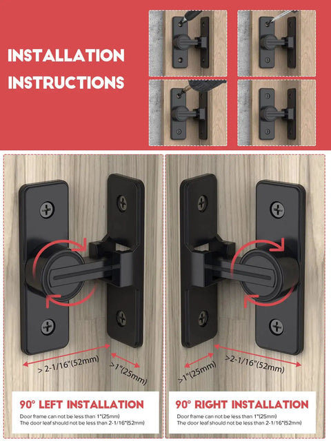 Beefy Heavy Duty 90 Degree Gate Latch With Zinc Alloy Hardware installation instructions for left and right configurations shown