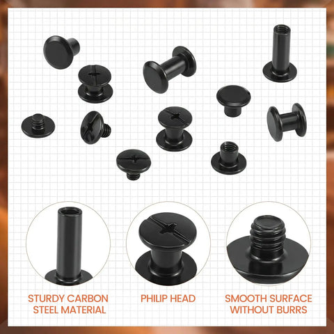 145 Sets Chicago Screws For Leather In Black Gunmetal Finish Durable Carbon Steel Belt Hardware Kit elements displayed