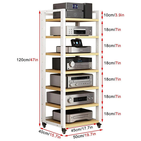 7 Tier Heavy Duty Audio Video Rack With Swivel Casters 47 Inch Wide Steel Media Shelf For Badass HiFi Amplifier Subwoofer Game Console Turntable Rack Or Home Entertainment