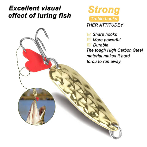 Metal Spoon Fishing Lures Set 16 Pack Saltwater Tackle With Treble Hooks, shown with a gold zigzag pattern and sharp hooks