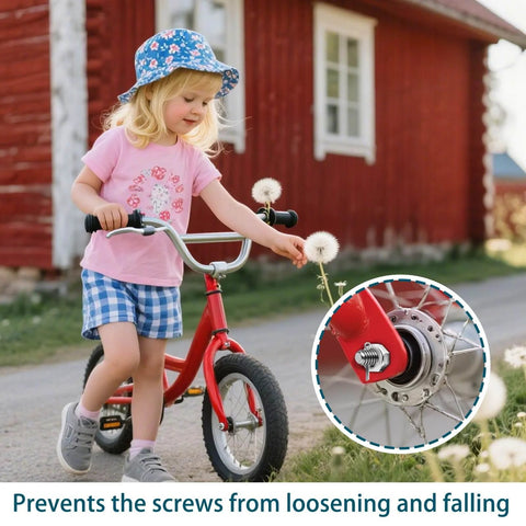 Child playing with red bike and dandelion, inset of 340 Piece Cotter Pin Set In Six Sizes 304 Stainless Steel Split Pins on wheel.