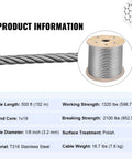 One Eighth Inch 500 Ft Stainless Steel Wire Rope Cable 316 Marine Grade Braided Aircraft Cable 1x19 product information